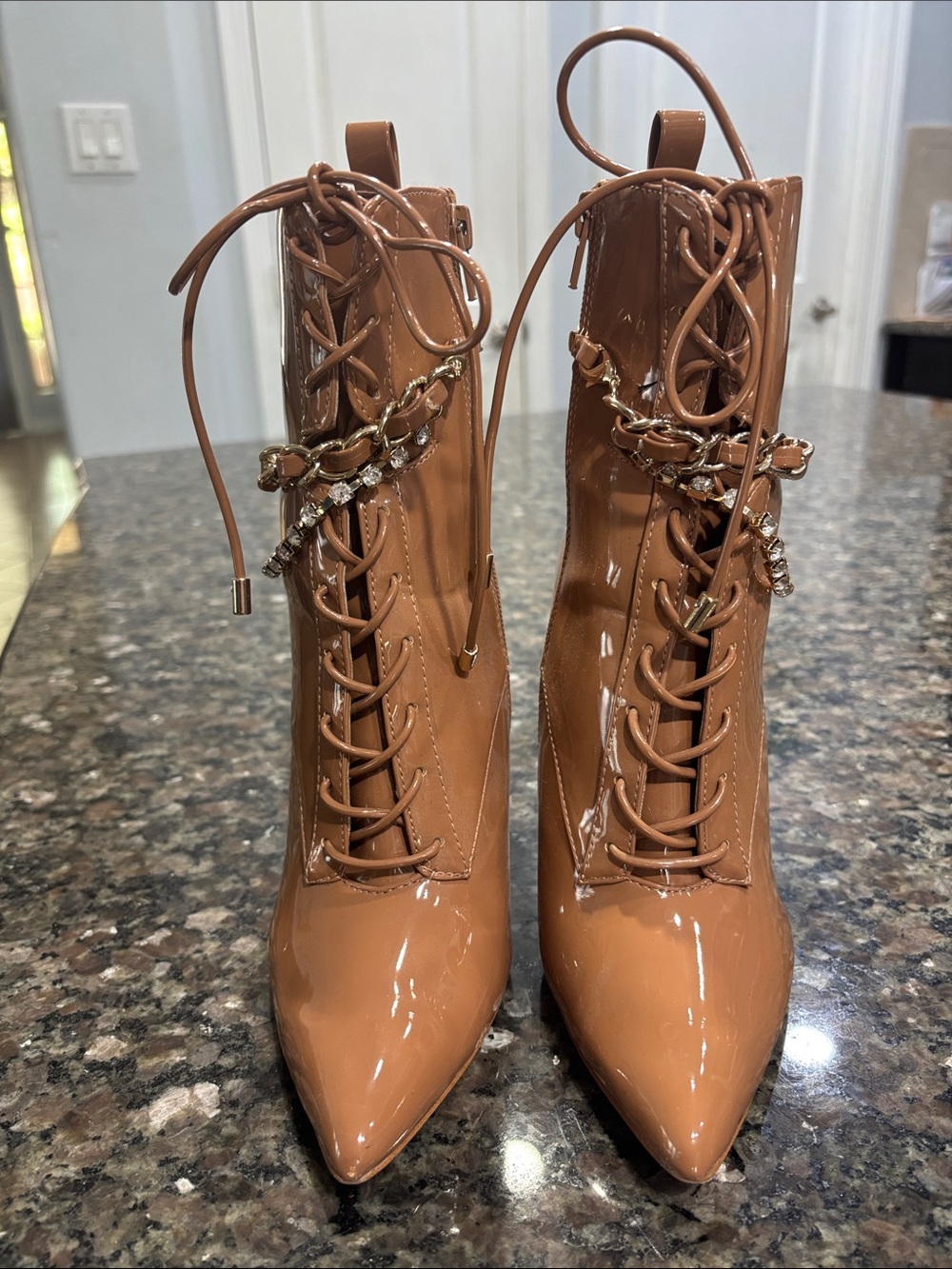 Aldo Tan Patent Lace-Up Ankle Boots with Chain Accent
